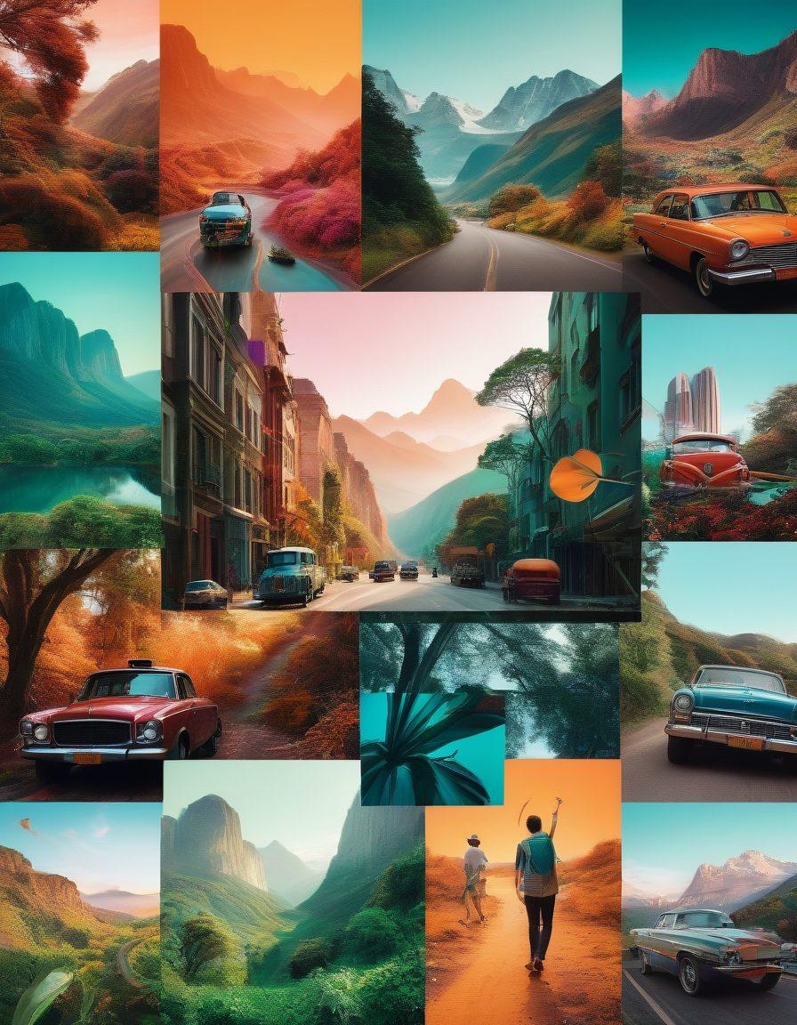 A vibrant collage showcasing diverse photographers capturing stunning images, intertwined with storytelling elements like film reels and visual icons like cameras and paintbrushes. The backdrop features a dreamy landscape, blending nature and urban scenes, symbolizing creativity. Include bright colors that evoke inspiration and imagination. surrealistic. colorful. dynamic composition.