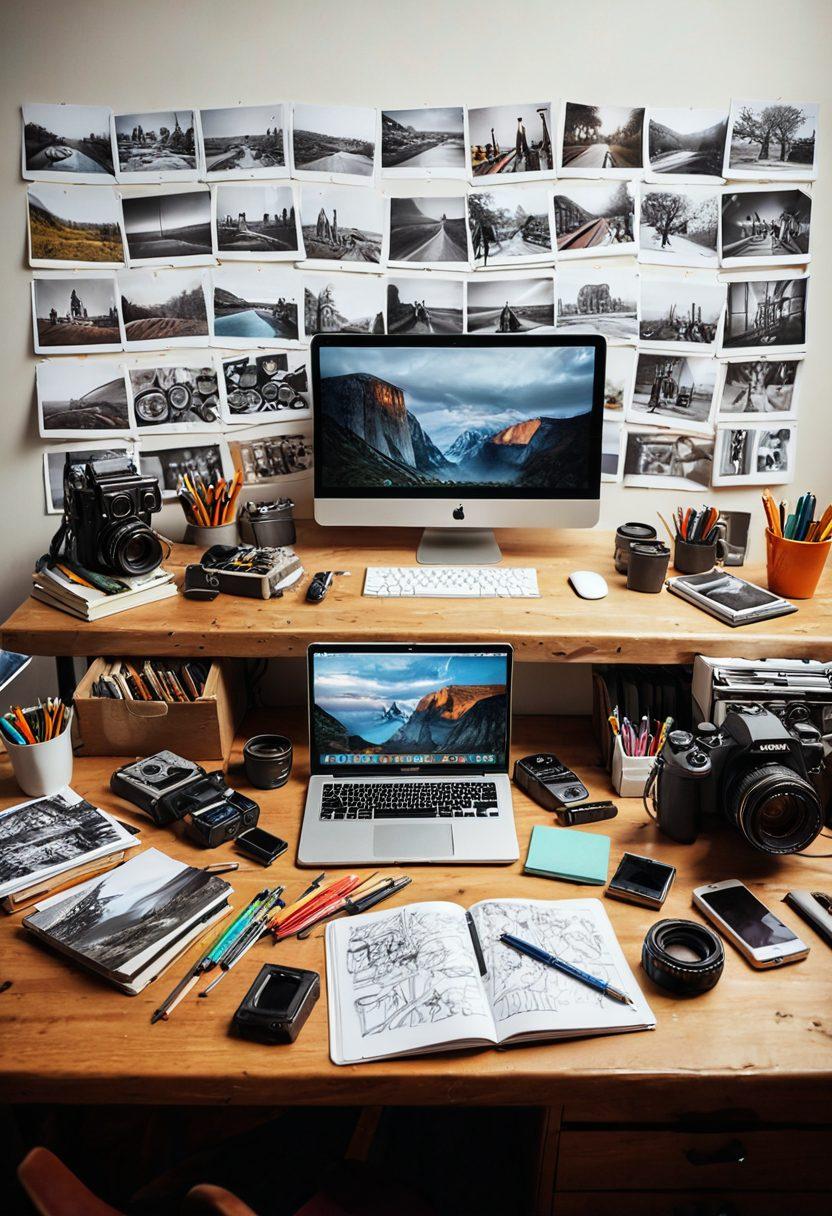 A captivating montage showcasing an artist's desk filled with vibrant photography gear, notebooks filled with sketches, and a camera capturing a beautiful landscape in the background. Include diverse people engaging with the images on a digital screen, radiating inspiration and creativity. The ambiance should be warm and inviting, evoking a sense of community and passion for photography. super-realistic. vibrant colors. white background.