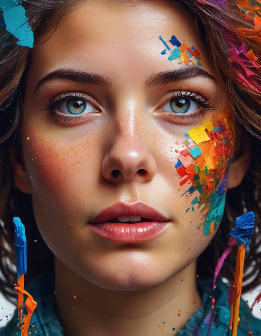 A dynamic collage showcasing the transformation of digital pixels into a vibrant portrait. Elements include a close-up of colorful pixels blending seamlessly into a detailed face filled with emotion and stories. Around the portrait, visual storytelling components like paintbrushes, cameras, and sketches that signify creativity. The background features a blend of abstract shapes and colors to emphasize artistry and imagination. super-realistic. vibrant colors. 3D.